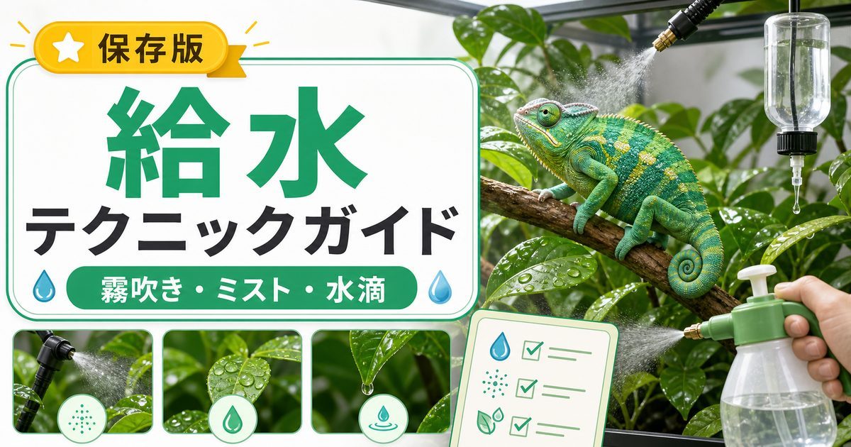 カメレオンの給水テクニック完全ガイド！ドリッパー・霧吹き・スポイト・葉水滴の使い分けを徹底解説の要点を伝えるカメレオン・爬虫類記事アイキャッチ画像