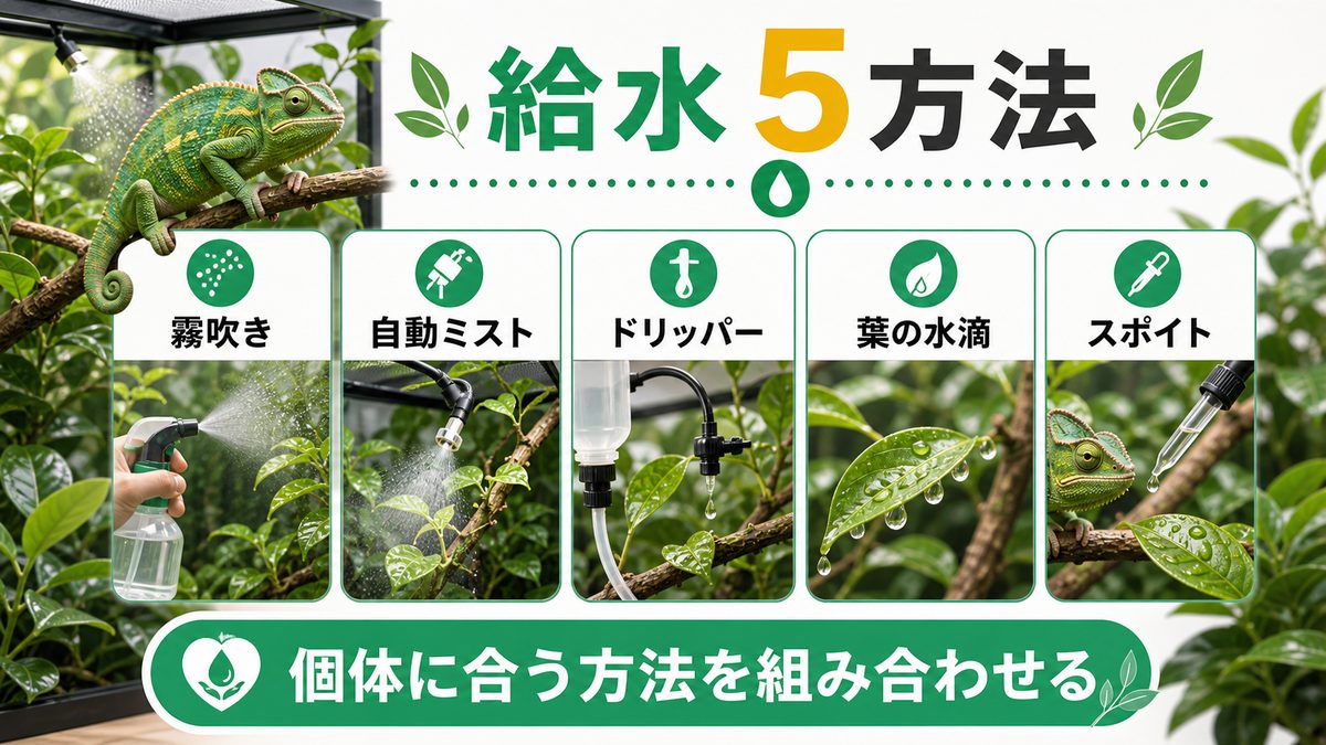 給水テクニック5種類の使い分け完全比較の要点をまとめたカメレオン・爬虫類飼育インフォグラフィック
