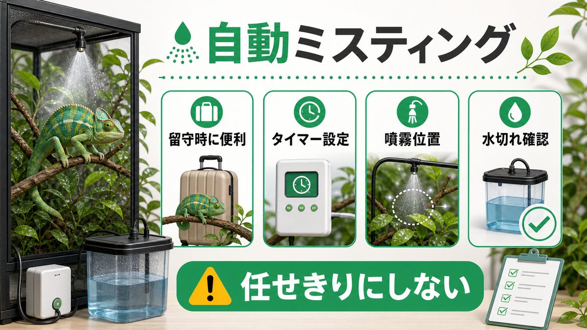 自動ミスティング:留守時の救世主の要点をまとめたカメレオン・爬虫類飼育インフォグラフィック