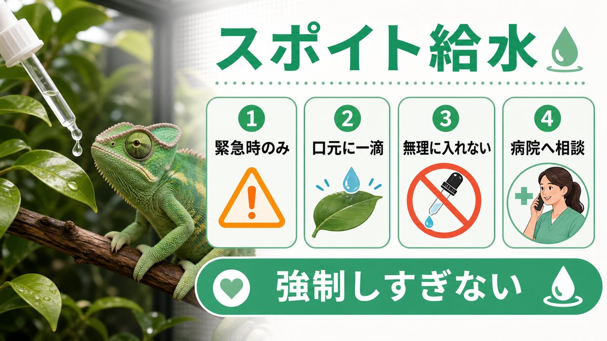 スポイト・シリンジ:緊急時の切り札の要点をまとめたカメレオン・爬虫類飼育インフォグラフィック