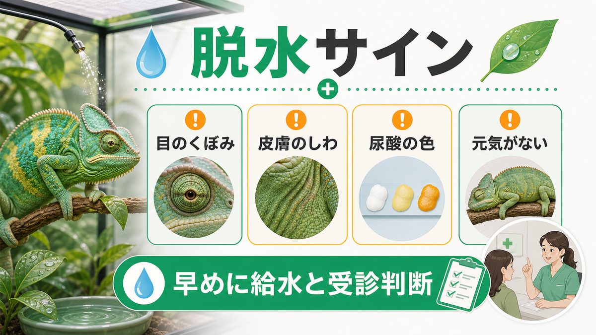 脱水のサインを見逃さないの要点をまとめたカメレオン・爬虫類飼育インフォグラフィック