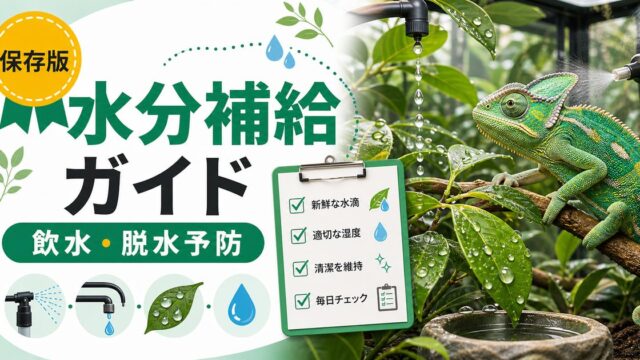 カメレオンの水分補給・飲水完全ガイド！ドリッパー・ミスティング・脱水予防・飲水量の目安を徹底解説の要点を伝えるカメレオン・爬虫類記事アイキャッチ画像