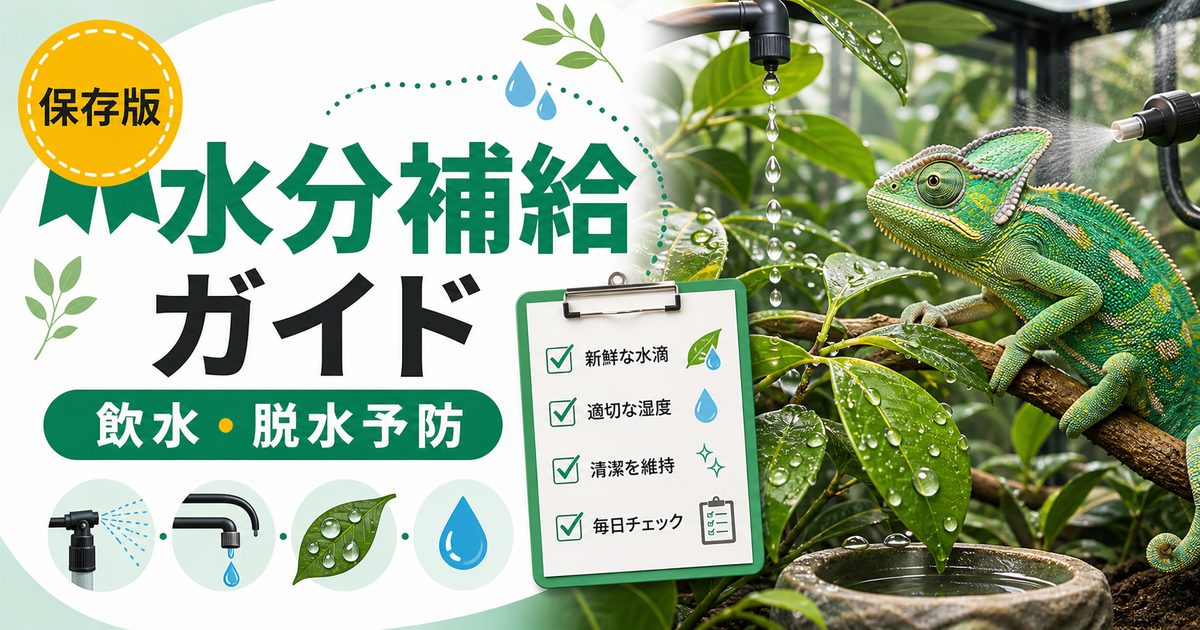 カメレオンの水分補給・飲水完全ガイド！ドリッパー・ミスティング・脱水予防・飲水量の目安を徹底解説の要点を伝えるカメレオン・爬虫類記事アイキャッチ画像