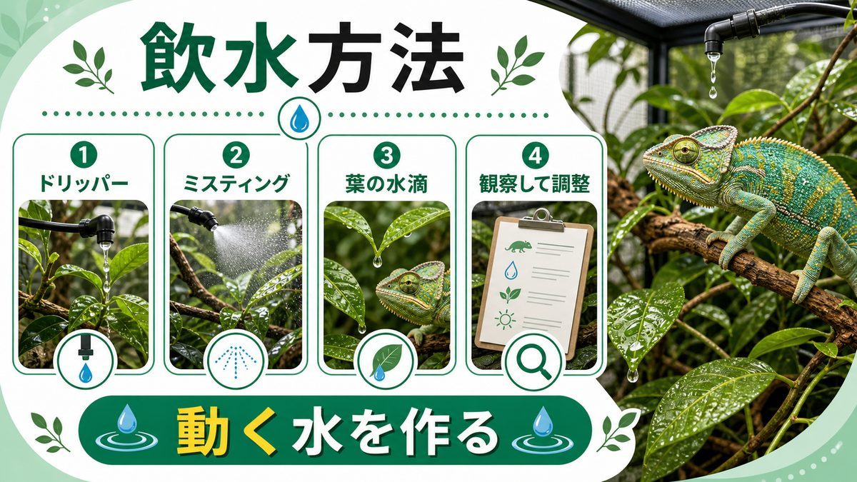 💧 飲水方法の種類と特徴の要点をまとめたカメレオン・爬虫類飼育インフォグラフィック