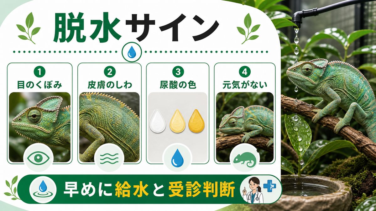 ⚠️ 脱水のサイン・チェック方法の要点をまとめたカメレオン・爬虫類飼育インフォグラフィック