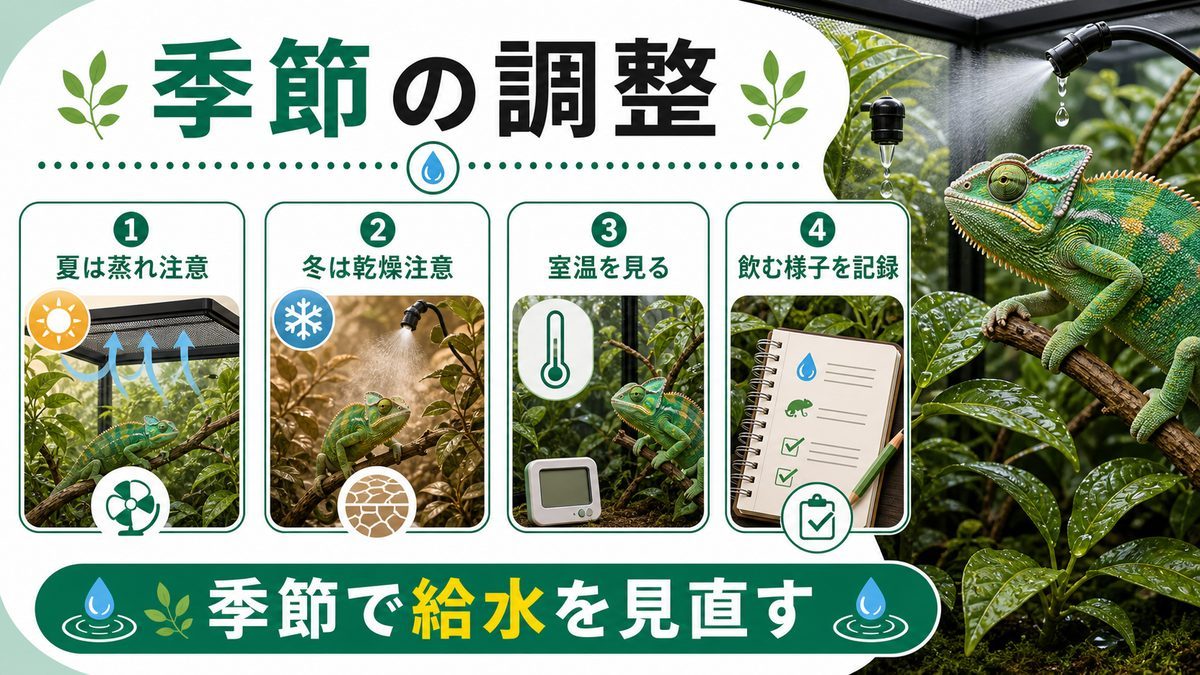 🌡️ 季節・気温による水分補給の調整の要点をまとめたカメレオン・爬虫類飼育インフォグラフィック