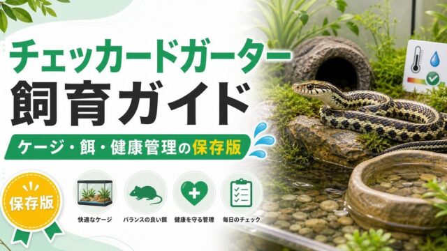 チェッカードガータースネーク（Thamnophis marcianus）飼育完全ガイド！北米産斑模様のガーターの特徴・ケージ・餌・繁殖を徹底解説の要点を伝えるカメレオン・爬虫類記事アイキャッチ画像