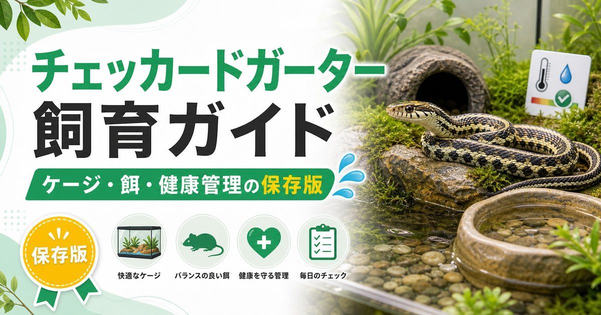 チェッカードガータースネーク（Thamnophis marcianus）飼育完全ガイド！北米産斑模様のガーターの特徴・ケージ・餌・繁殖を徹底解説の要点を伝えるカメレオン・爬虫類記事アイキャッチ画像