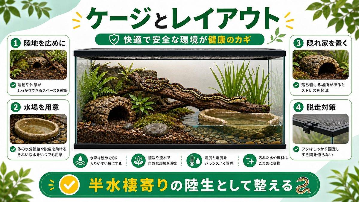 ケージサイズとレイアウト：半水棲寄りの陸生の要点をまとめたカメレオン・爬虫類飼育インフォグラフィック