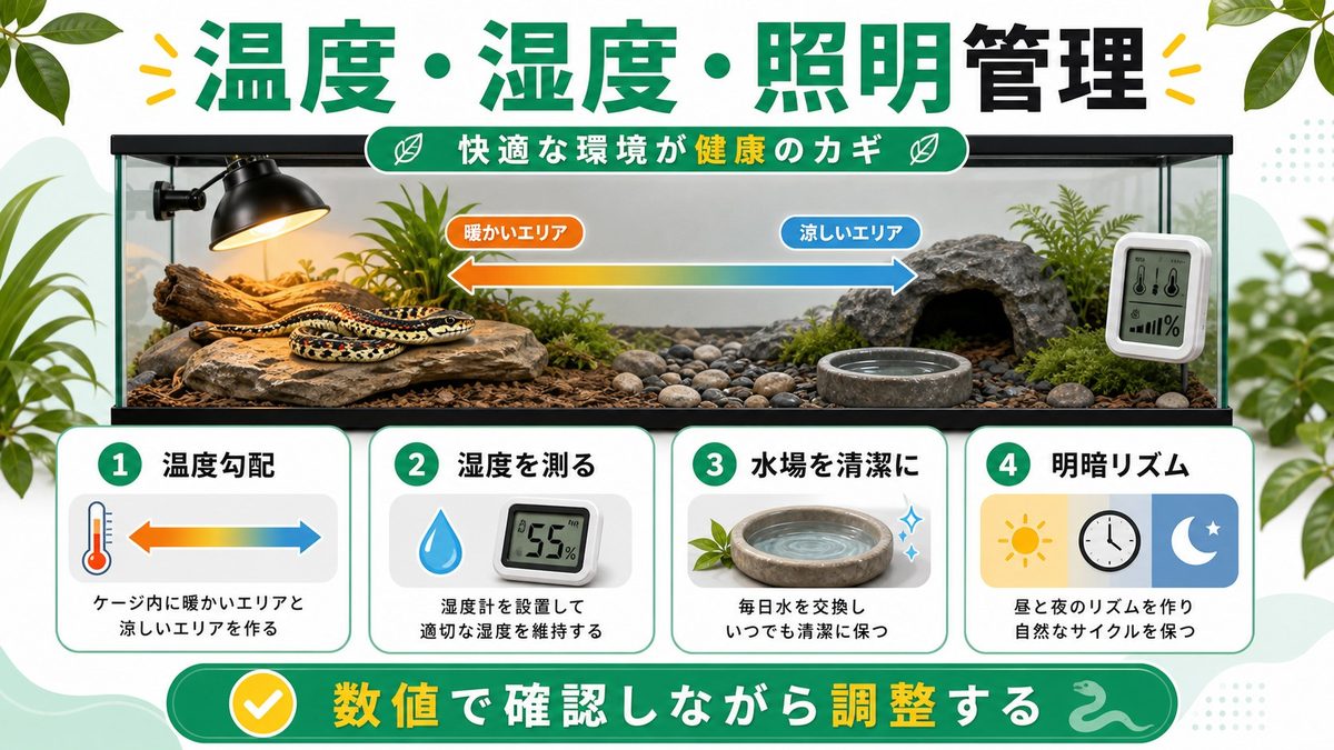 温度・湿度・照明管理の要点をまとめたカメレオン・爬虫類飼育インフォグラフィック