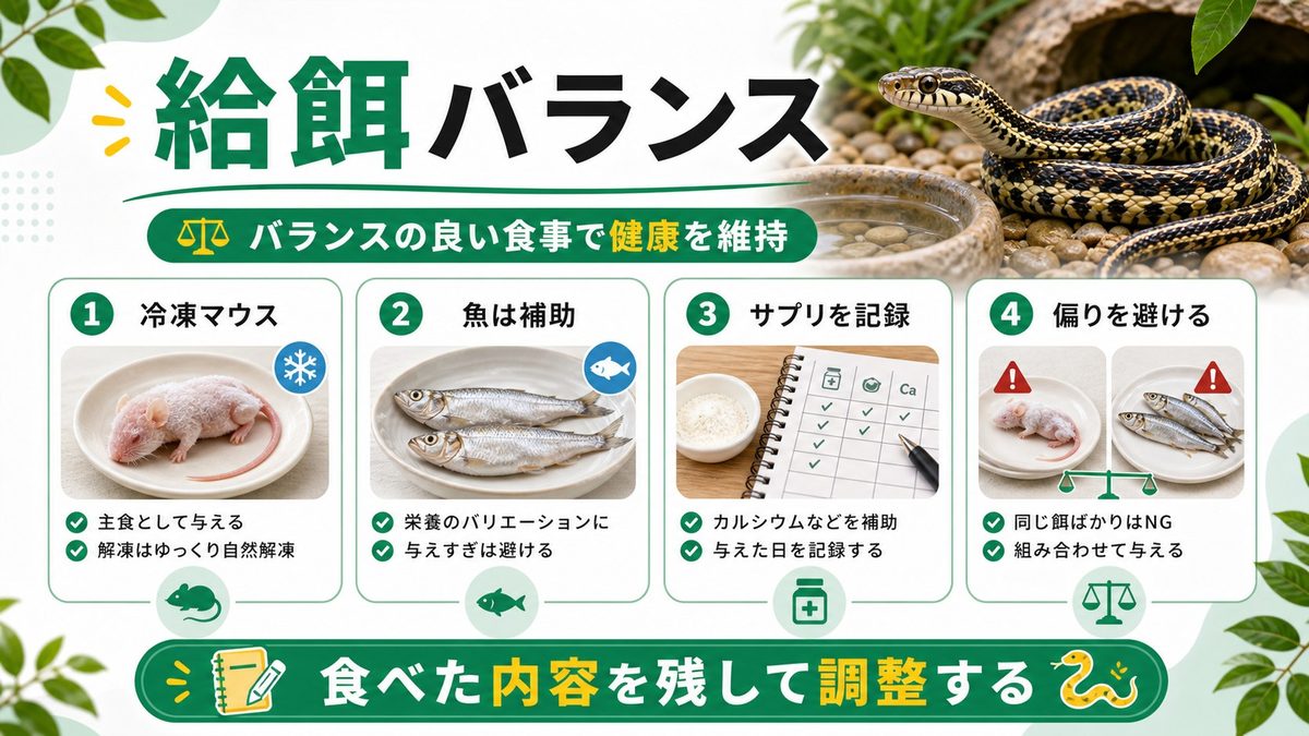 給餌：冷凍マウス＋魚＋サプリで偏り防止の要点をまとめたカメレオン・爬虫類飼育インフォグラフィック