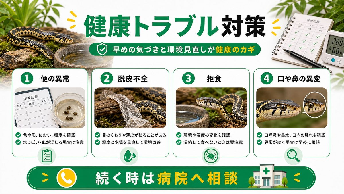 よくある健康トラブルと対策の要点をまとめたカメレオン・爬虫類飼育インフォグラフィック