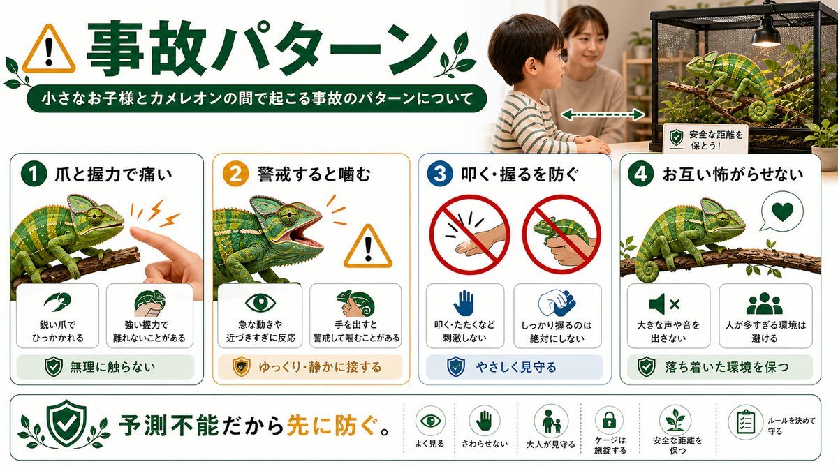 小さなお子様とカメレオンの間で起こる事故のパターンについての要点をまとめたカメレオン・爬虫類飼育インフォグラフィック
