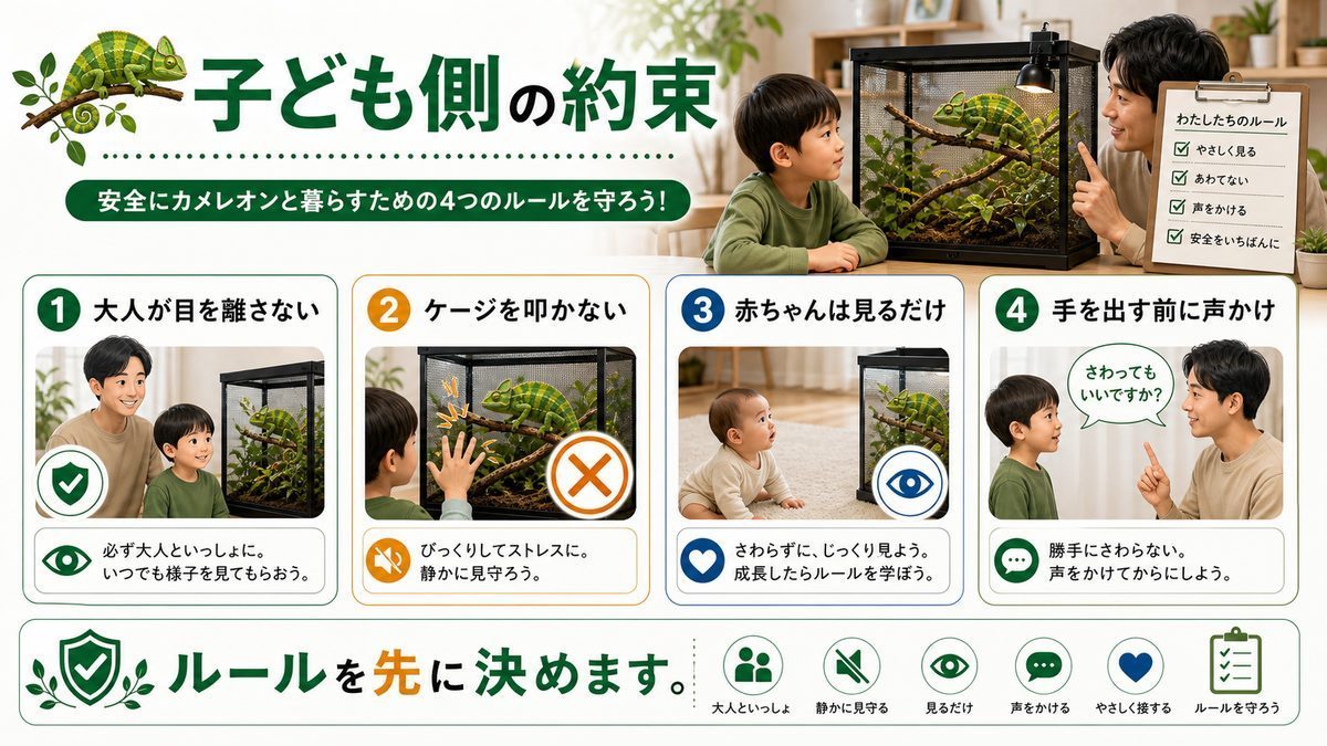 ハンドリング事故の予防策〜お子様編〜の要点をまとめたカメレオン・爬虫類飼育インフォグラフィック