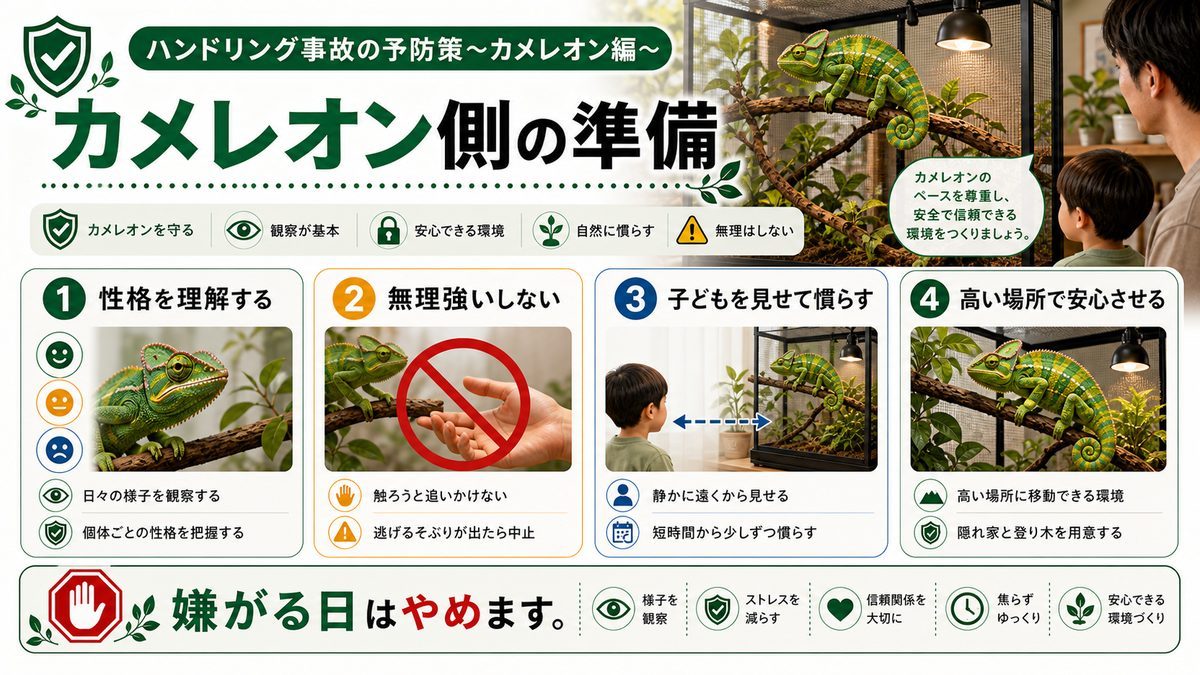 ハンドリング事故の予防策〜カメレオン編〜の要点をまとめたカメレオン・爬虫類飼育インフォグラフィック