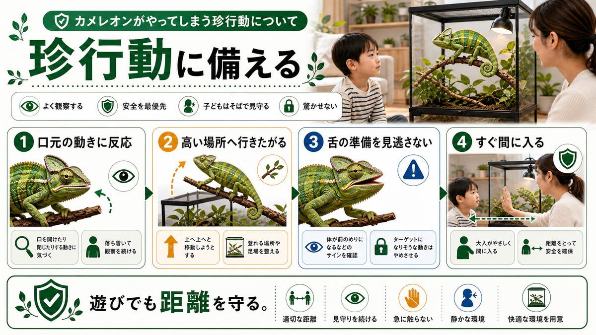 カメレオンがやってしまう珍行動についての要点をまとめたカメレオン・爬虫類飼育インフォグラフィック