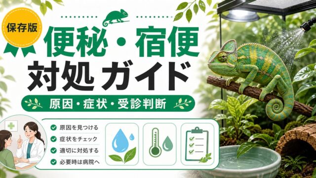 【1週間以上は要注意】カメレオンの便秘・宿便対処完全ガイド！原因・温浴・予防の要点を伝えるカメレオン・爬虫類記事アイキャッチ画像