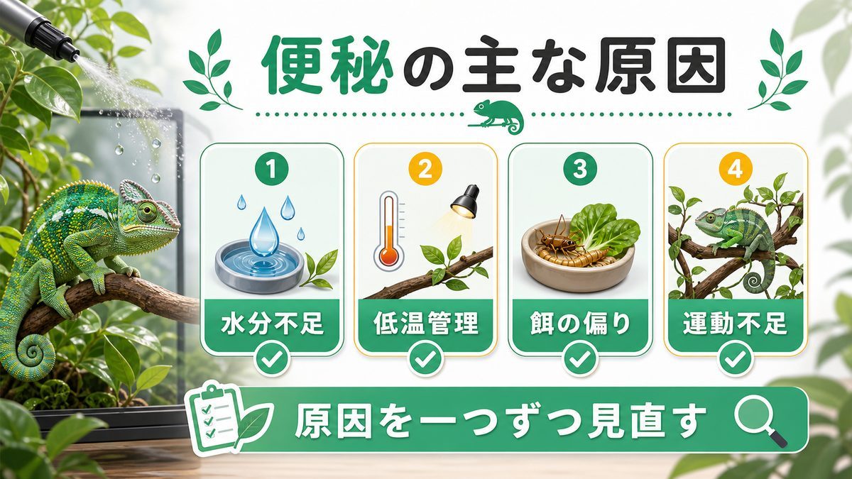 カメレオンが便秘になる主な原因の要点をまとめたカメレオン・爬虫類飼育インフォグラフィック
