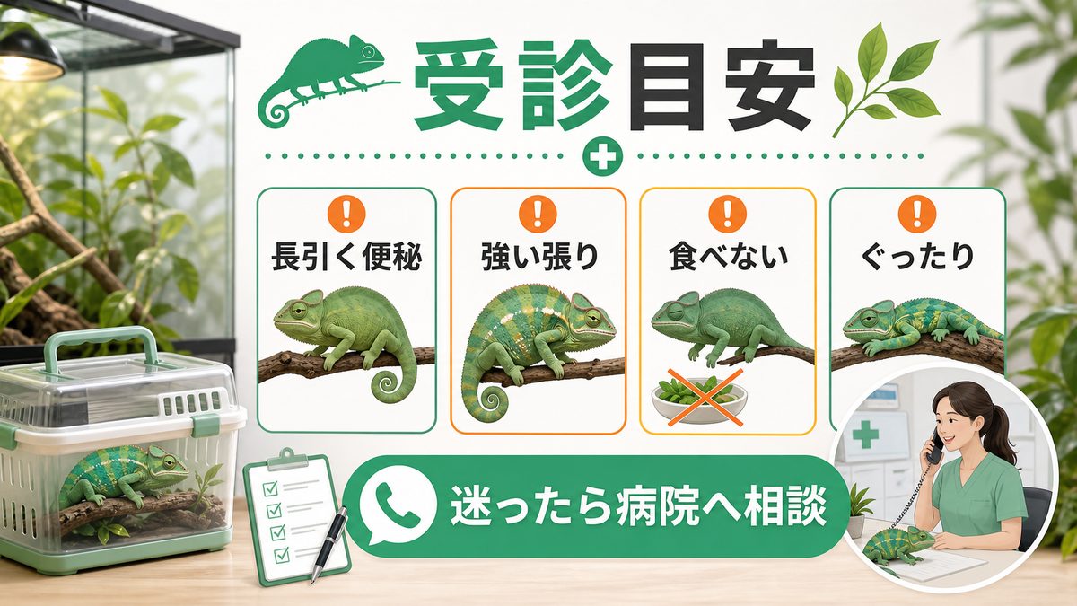 動物病院での治療：いつ連れていく？の要点をまとめたカメレオン・爬虫類飼育インフォグラフィック