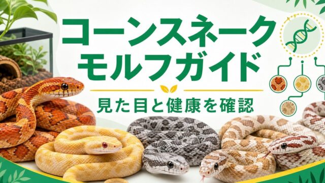 コーンスネークのモルフ完全ガイド！遺伝の仕組み・代表モルフ100選・選び方・飼育環境を徹底解説の要点を伝えるカメレオン・爬虫類記事アイキャッチ画像