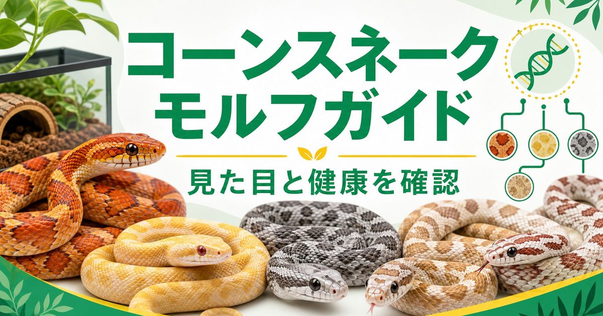 コーンスネークのモルフ完全ガイド！遺伝の仕組み・代表モルフ100選・選び方・飼育環境を徹底解説の要点を伝えるカメレオン・爬虫類記事アイキャッチ画像