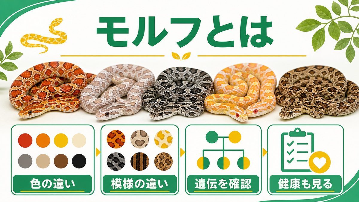コーンスネークのモルフとは？遺伝の仕組みを基礎からの要点をまとめたカメレオン・爬虫類飼育インフォグラフィック