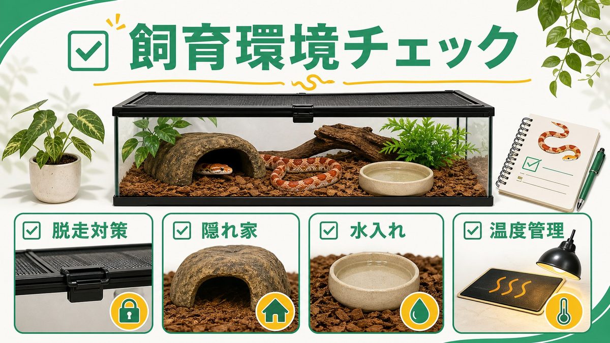コーンスネークの飼育環境チェック（モルフ共通）の要点をまとめたカメレオン・爬虫類飼育インフォグラフィック