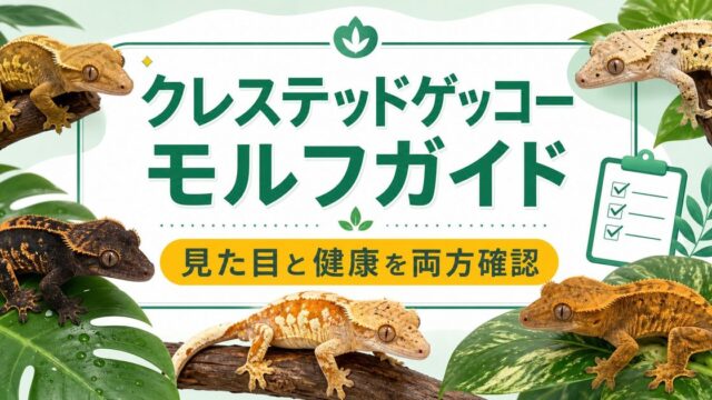 クレステッドゲッコーのモルフ（品種）完全ガイド！フレイム・ハーレクイン・パインストライプ・ダルメシアン等を徹底解説の要点を伝えるカメレオン・爬虫類記事アイキャッチ画像
