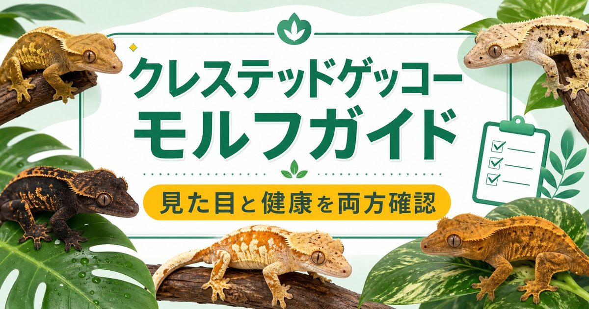 クレステッドゲッコーのモルフ（品種）完全ガイド！フレイム・ハーレクイン・パインストライプ・ダルメシアン等を徹底解説の要点を伝えるカメレオン・爬虫類記事アイキャッチ画像
