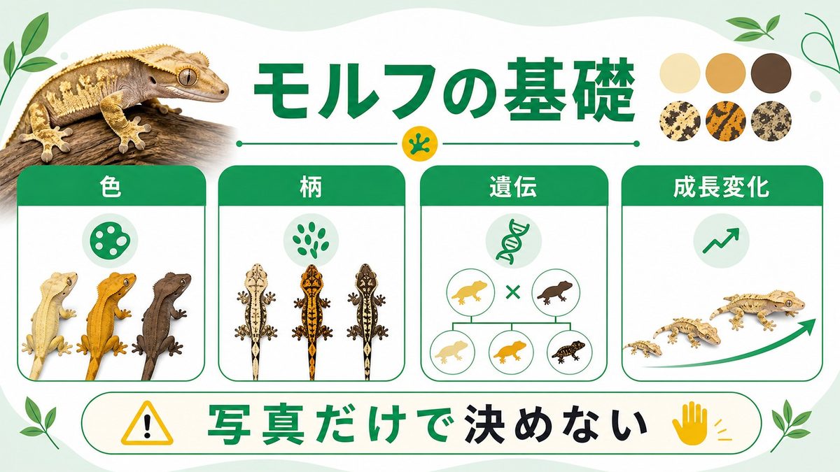 🦎 クレステッドゲッコーのモルフとは？基礎知識と遺伝の仕組みの要点をまとめたカメレオン・爬虫類飼育インフォグラフィック