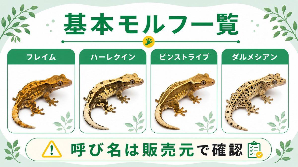 📋 クレステッドゲッコーの基本モルフ一覧の要点をまとめたカメレオン・爬虫類飼育インフォグラフィック