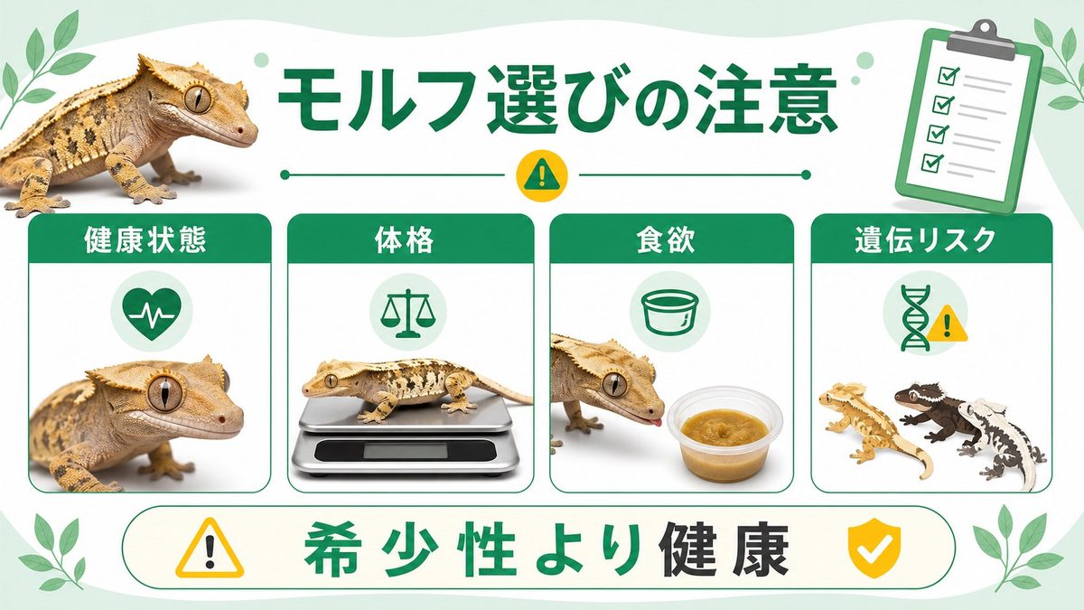 ⚠️ モルフ選びの注意点と健康リスクの要点をまとめたカメレオン・爬虫類飼育インフォグラフィック