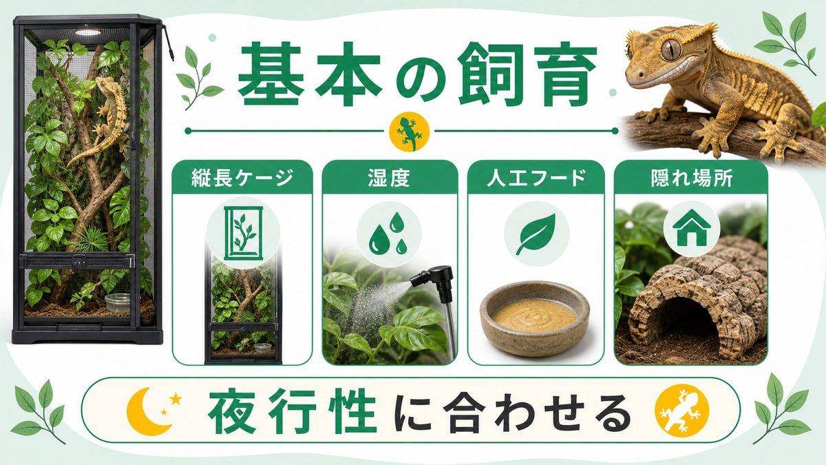 🌿 クレステッドゲッコーの飼育方法（基本ガイド）の要点をまとめたカメレオン・爬虫類飼育インフォグラフィック