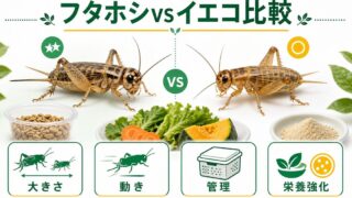 フタホシコオロギvsヨーロッパイエコオロギ徹底比較！爬虫類に最適な選び方と使い分けの要点を伝えるカメレオン・爬虫類記事アイキャッチ画像