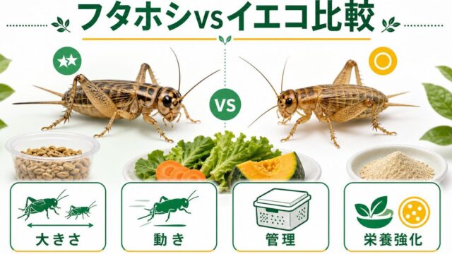 フタホシコオロギvsヨーロッパイエコオロギ徹底比較！爬虫類に最適な選び方と使い分けの要点を伝えるカメレオン・爬虫類記事アイキャッチ画像
