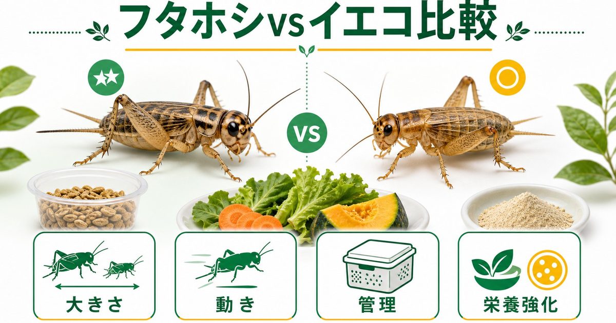フタホシコオロギvsヨーロッパイエコオロギ徹底比較！爬虫類に最適な選び方と使い分けの要点を伝えるカメレオン・爬虫類記事アイキャッチ画像