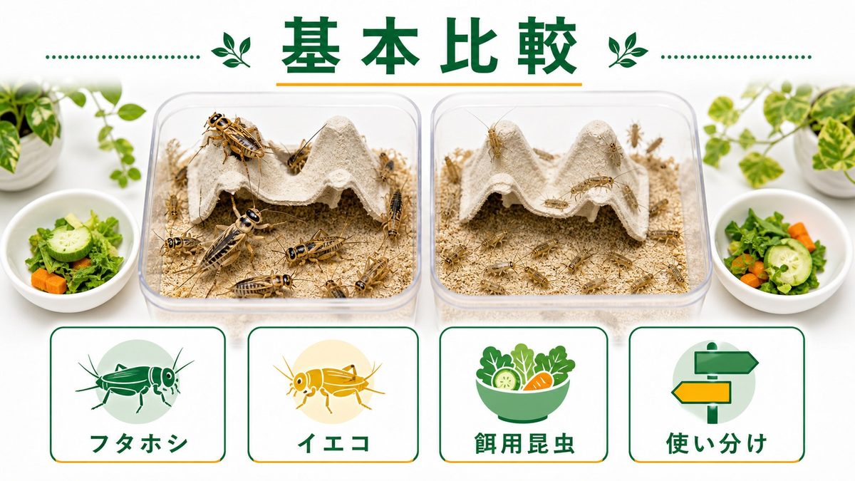 フタホシコオロギとヨーロッパイエコオロギとはの要点をまとめたカメレオン・爬虫類飼育インフォグラフィック