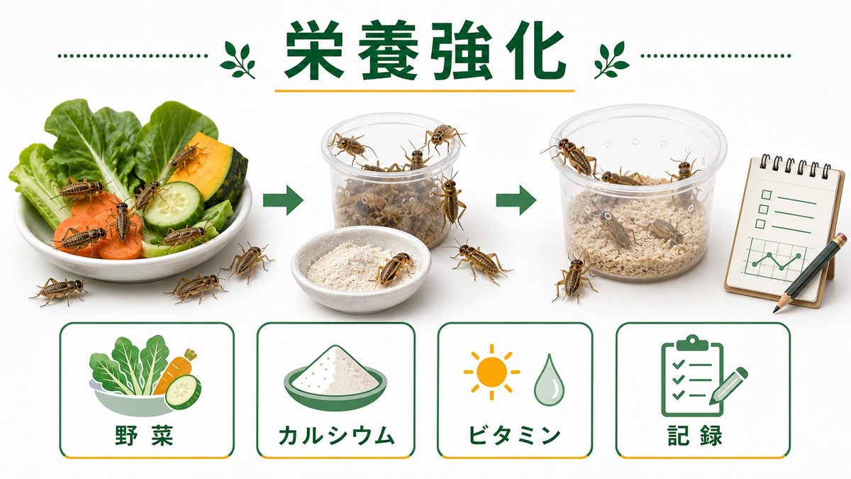 ガットローディングとダスティングの方法の要点をまとめたカメレオン・爬虫類飼育インフォグラフィック