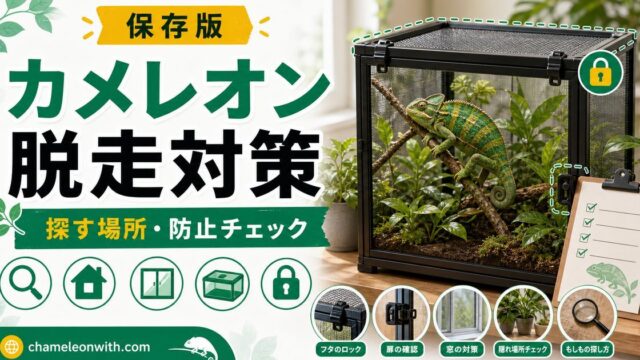 【カメレオン脱走】悲劇を防ぐための対策方法・おすすめアイテム紹介！家の中のまず探すべき箇所とは？の要点を伝えるカメレオン・爬虫類記事アイキャッチ画像