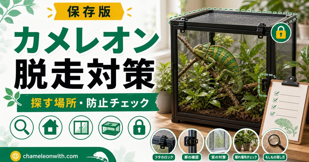 【カメレオン脱走】悲劇を防ぐための対策方法・おすすめアイテム紹介！家の中のまず探すべき箇所とは？の要点を伝えるカメレオン・爬虫類記事アイキャッチ画像