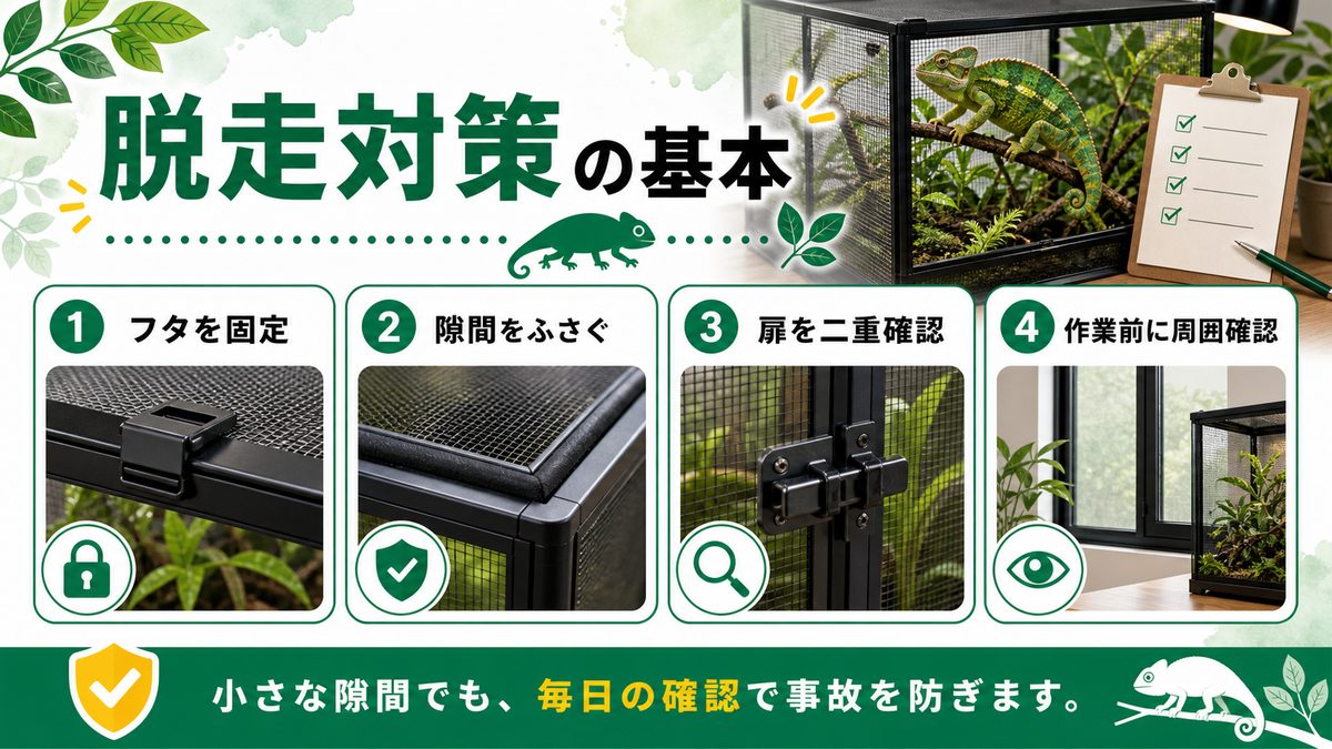 カメレオン及び爬虫類の脱走・その対策の要点をまとめたカメレオン・爬虫類飼育インフォグラフィック