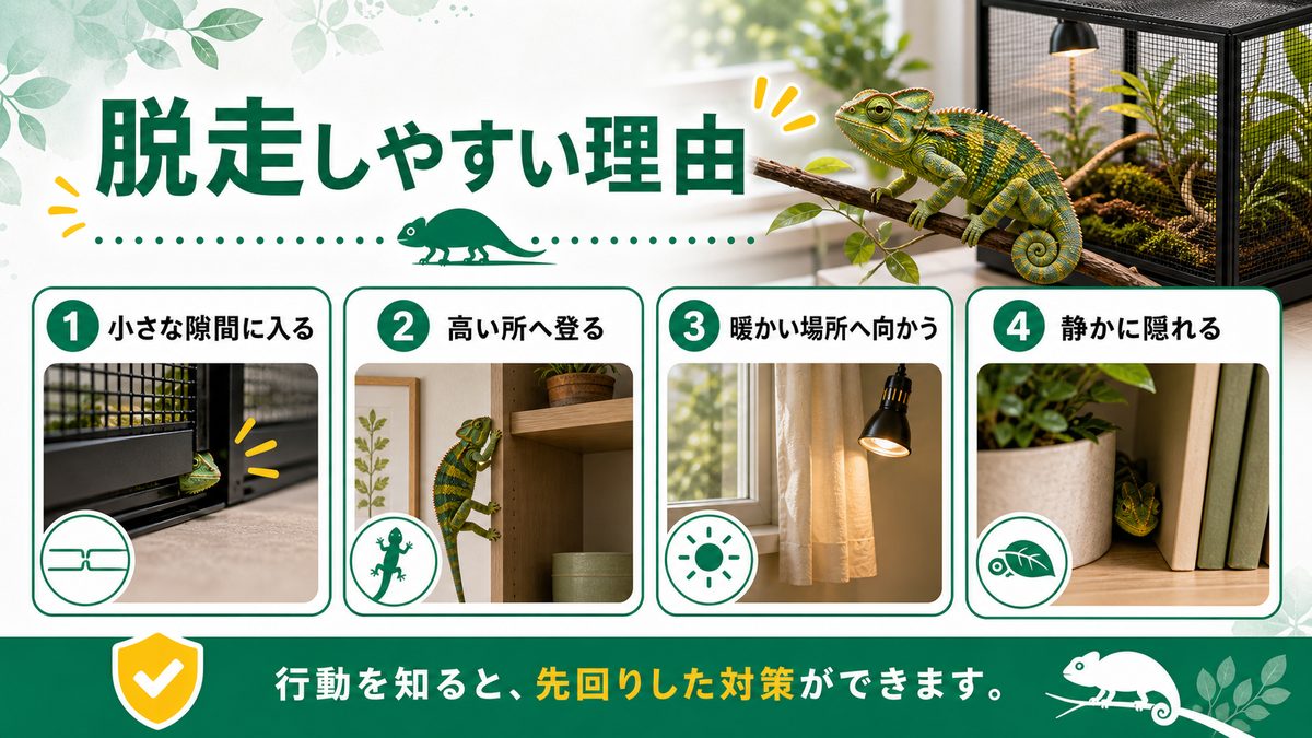 爬虫類は脱走のエキスパート！の要点をまとめたカメレオン・爬虫類飼育インフォグラフィック