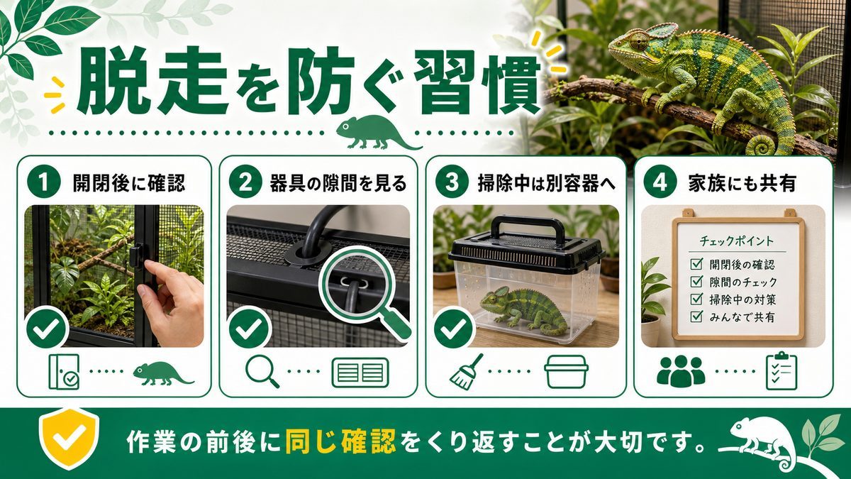 脱走を防止するために！の要点をまとめたカメレオン・爬虫類飼育インフォグラフィック