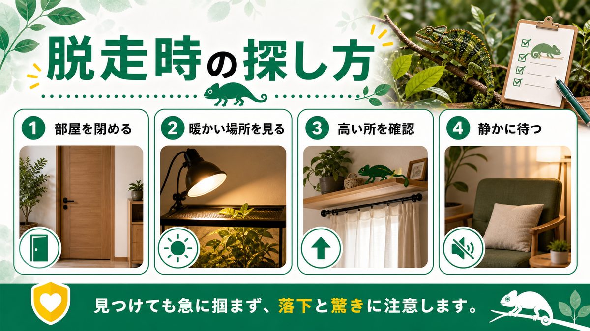 もし脱走されてしまったら…！の要点をまとめたカメレオン・爬虫類飼育インフォグラフィック