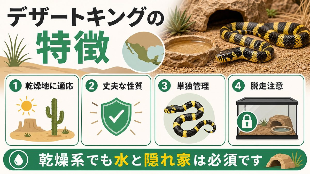 デザートキングスネークってどんなヘビ？の要点をまとめたカメレオン・爬虫類飼育インフォグラフィック