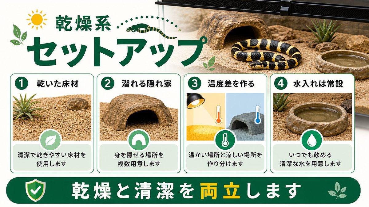 飼育環境の作り方（乾燥系のセットアップ）の要点をまとめたカメレオン・爬虫類飼育インフォグラフィック