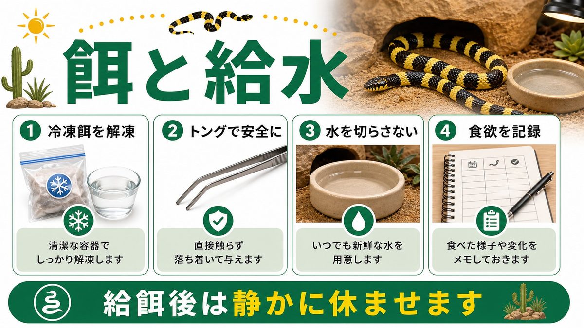 餌・給水の基本の要点をまとめたカメレオン・爬虫類飼育インフォグラフィック