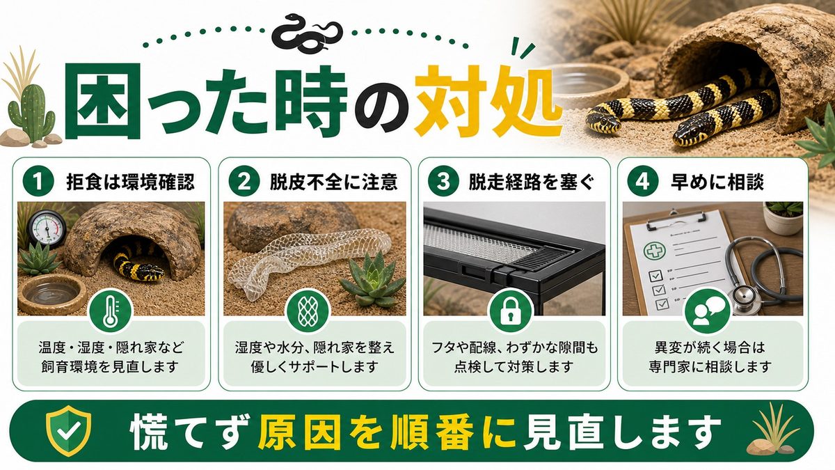 困ったときの対処の要点をまとめたカメレオン・爬虫類飼育インフォグラフィック
