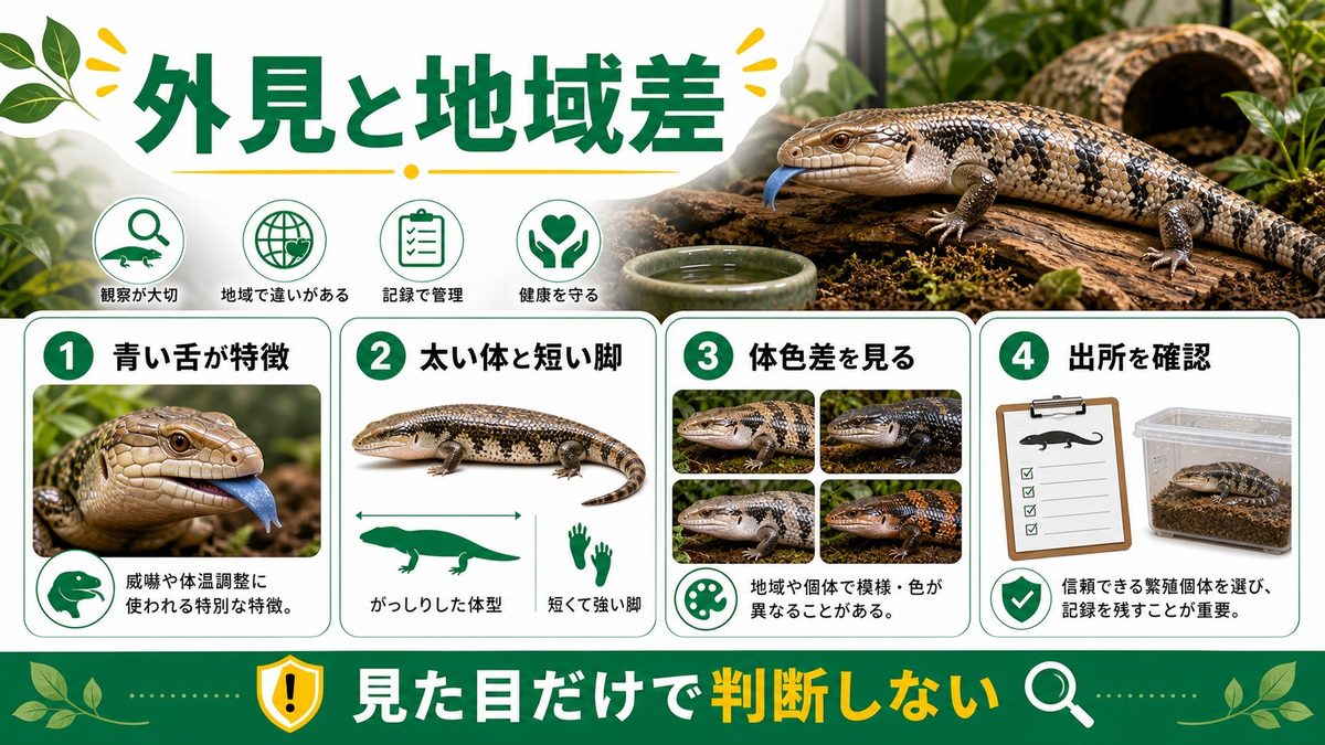 外見の特徴と4亜種・地域変異の要点をまとめたカメレオン・爬虫類飼育インフォグラフィック