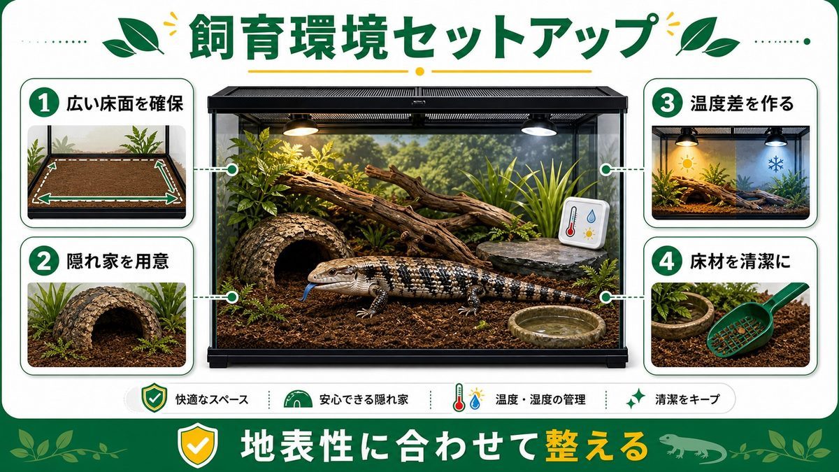 飼育環境のセットアップの要点をまとめたカメレオン・爬虫類飼育インフォグラフィック